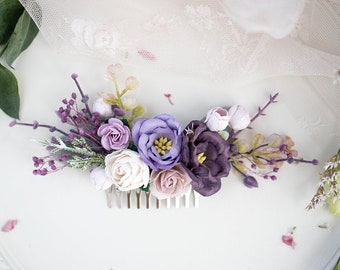 Bridal Hair Comb with Flowers, Eucalyptus and Ruscus, Boho Wedding Headpiece Bridesmaid Hair Flowers with Roses and greenery in blush, lilac