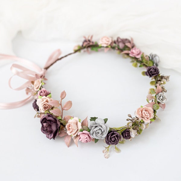 Boho flower crown. Bridal headpiece, hair Wreath, fairy crown, wedding hair accessories. Headband in blush, dusty pink, green, purple