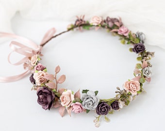 Boho flower crown. Bridal headpiece, hair Wreath, fairy crown, wedding hair accessories. Headband in blush, dusty pink, green, purple