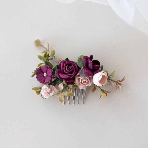 Bridal Hair Comb with Flowers and Eucalyptus Leaves Boho and Rustic Wedding Headpiece Marsala Red and Blush Hairpiece Bridesmaid small comb