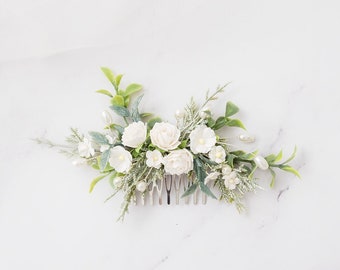 Bridal Hair Comb with Flowers and Eucalyptus Leaves  Boho Wedding Headpiece Bridesmaid Hair Flowers with Roses and greenery in white, green