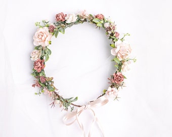 Flower Crown, bridal hair wreath with roses and eucalyptus. Wedding headpiece, headband in in sage green, blush pink, dusty pink, mauve