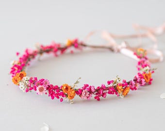 Romantic flower crown with dried flowers. Bridal flower hair wreath, pink wedding headband, meadow headpiece: Sunset colors I Fernanda