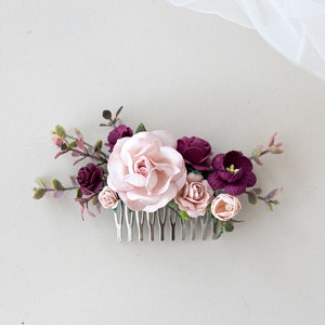 Peigne à cheveux de mariée avec fleurs et feuilles d'eucalyptus Coiffe de mariage boho et rustique Marsala Red and Blush Hairpiece Peigne midi de demoiselle d'honneur image 1