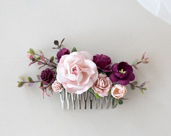 Bridal Hair Comb with Flowers and Eucalyptus Leaves Boho and Rustic Wedding Headpiece Marsala Red and Blush Hairpiece Bridesmaid midi comb