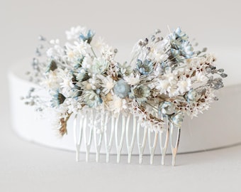 Peineta con flores secas. Tocado romántico de boda en azul empolvado y marfil. Tocado floral.