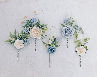 Bridal hair pins in blue and ivory, wedding headpiece, floral bobby pins, hair pins with flowers, dried gypsophila, eucalyptus leaves