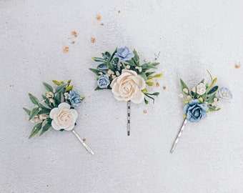 Braut Blumen in blau, Haarschmuck Haarnadel mit Blüten, Eukalyptus und Ruskus Blättern. Hochzeit Brauthaarschmuck. Haarspangen, Haarblüten