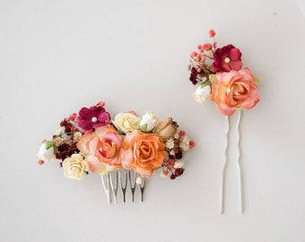 Bridal hair comb or hair pin with Flowers and dried gypsophila. Boho and Rustic Headpiece, red, burgundy. Fall, Autumn wedding