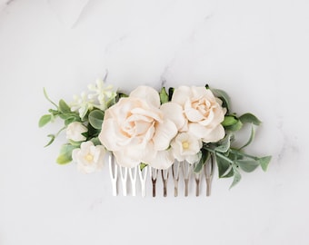 Peigne à cheveux de mariée avec fleurs et feuilles d'eucalyptus, coiffure de mariage bohème, fleurs de demoiselle d'honneur, roses et verdure, crème, champagne