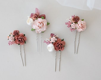 Alfileres de pelo de novia, alfileres florales de bobby, alfileres de pelo con flores y hojas de eucalipto, tocado de boda en blanco, marfil, verde