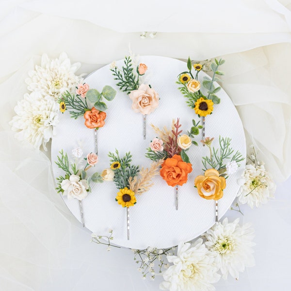 Bridal Hair Pins, floral bobby pins, hair pins in orange, yellow, blush peach, ivory. Wedding headpiece, sunflowers, eucalyptus, pampas