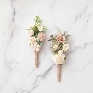 Boutonniere/ Anstecker, Hochzeit Ansteckblume Bräutigam mit Eukalyptus Blättern und Blüten in creme, champagner Bild 1