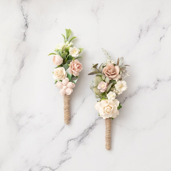 Boutonniere/ Anstecker, Hochzeit Ansteckblume Bräutigam mit Eukalyptus Blättern und Blüten in creme, champagner