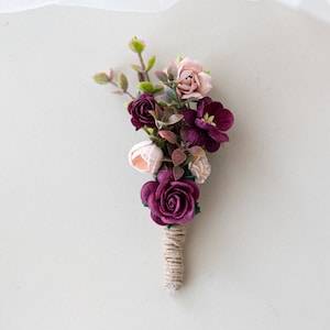 Boutonniere for the groom Boho Rustic Wedding. Flower Brooch with eucalyptus leaves, foliage, roses and wild flowers burgundy, marsala red,