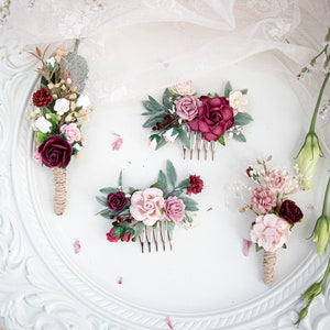 Pente de cabelo de noiva ou boutonniere com flores e folhas de eucalipto Boho e rústico para casamento, vermelho marsala e blush