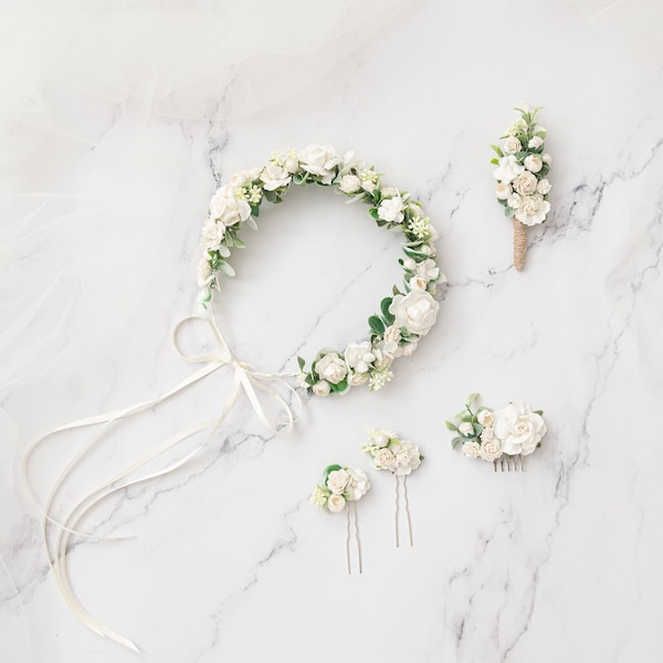 Bridal Flower Crown with eucalyptus leaves. Wedding Headpiece Boho Rustic Hair Wreath, Hair comb, Bobby pins or Boutonniere in white,ivory