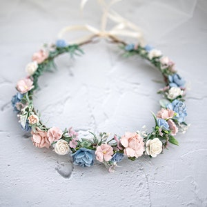 Bridal Flower Crown, rustic and boho fairy headpiece, eucalyptus, gypsophila hair wreath, Hair Flowers, Photo Shooting headband, dusty blue image 3