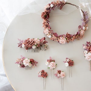 Braut Blumenkranz, Haarkamm, Spangen oder Boutonniere mit Rosen und Eukalyptus. Boho Rustik Hippie Hochzeit Accessoires Bild 1