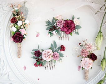 Bridal Hair Comb or Boutonniere with Flowers and Eucalyptus Leaves Boho and Rustic Wedding Headpiece Marsala Red and Blush