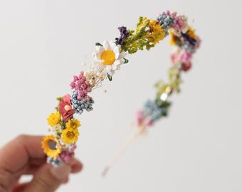 Colorful flower headband with dried flowers, handmade sunflowers and daisies, meadow headpiece