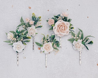 Bridal hair pins in peachy blush pink, wedding headpiece, floral bobby pins, hair pins with flowers, dried gypsophila, eucalyptus, foliage