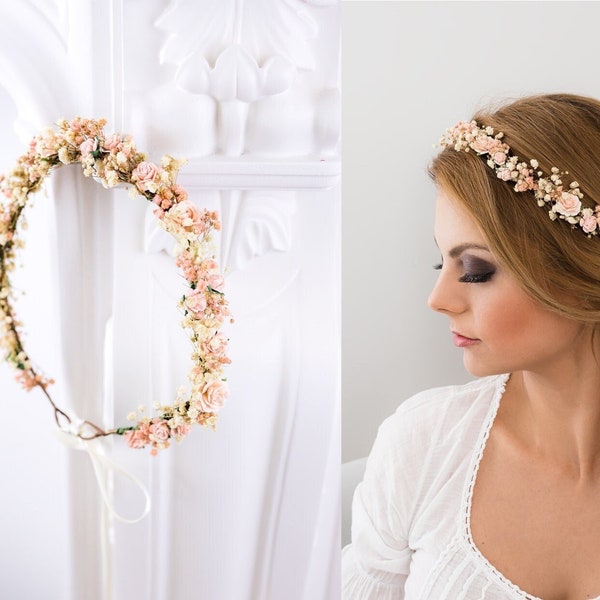 Flower Crown Baby's Breath, Bridal headpiece, Hair Wreath, Fairy Crown,Wedding Hair Accessories Headband in blush pink and cream