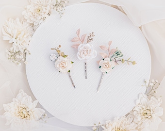 Bridal hair pins, wedding headpiece, floral bobby pins, hair pins with ivory and cream flowers, ruscus, eucalyptus and foliage