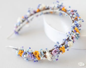 Colorful headband with dried flowers. Romantic bridal headpiece. Flower girl headband. Meadow headpiece in warm tones. Orange & purple