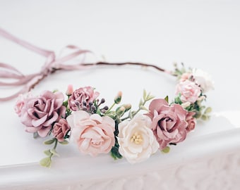 Bridal Flower Crown Dusty Pink, mauve and blush flowers Baby's breath, eucalyptus leaves, berries. Wedding Headpiece Boho Rustic Hair Wreath