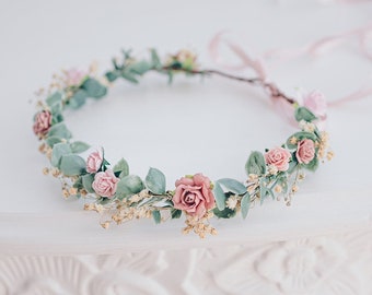 Hochzeit Blumenkranz Braut Haarschmuck Haarkranz mit Blumen, Schleierkraut, Eukalyptus. Oktoberfest Haarranke, Boho Rustik Haarblüten