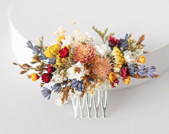 Autumn hair comb with dried flowers. Romantic Wedding headpiece in orange, yellow, red and lavender. Floral headpiece in warm earthy tones