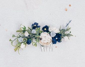 Bridal hair comb with dark blue and white flowers, Boho wedding headpiece. Bridesmaid hair flowers,hair accessory, dusty blue,navy