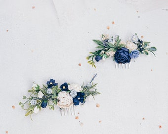 Peineta de novia con flores de color azul oscuro y blanco, tocado de boda Boho. Flores para el cabello de dama de honor, accesorio para el cabello, azul polvoriento, azul marino