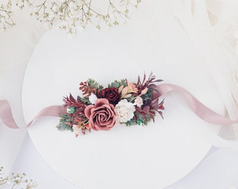 Wedding wrist corsage with roses, peonies, eucalyptus and ruscus in sage green, blush pink, dusty pink, burgundy, deep red, maroon