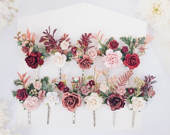 Bridal Hair Pins, floral bobby pins, hair pins in burgundy, deep redm, dusty pink. Wedding headpiece, peonies, fern, foliage, eucalyptus