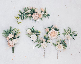 Blush bridal headpiece, hair comb, bobby pins or boutonniere with roses, eucalyptus, ruscus, dried babies breath. Boho wedding accessories