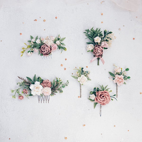 Hochzeit Accessoires in altrosa und mauve, Braut Haarschmuck, Haarkamm, Braütigam Boutonniere mit Rosen, Trocken Blumen, Eukalyptus