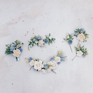Blue bridal headpiece, hair comb, bobby pins or boutonniere. Roses, butterfly, eucalyptus and dried gypsophila. Boho wedding accessories image 1