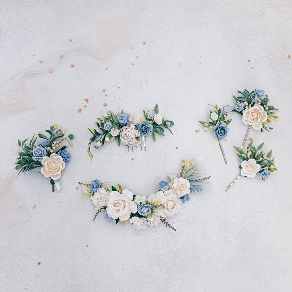 Bandeau de mariée bleu, peigne à cheveux, épingles à cheveux ou boutonnière. Roses, papillon, eucalyptus et gypsophile séchée. Accessoires de mariage bohèmes