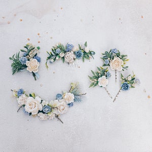 Blue bridal headpiece, hair comb, bobby pins or boutonniere. Roses, butterfly, eucalyptus and dried gypsophila. Boho wedding accessories image 2