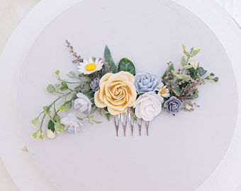 Light blue and yellow bridal hair comb with roses, daisies, eucalyptus and dried flowers. Romantic Boho headpiece. Wedding hair flowers