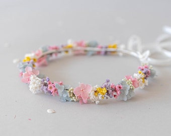 Colorful flower crown with dried flowers. Bridal flower hair wreath, purple, yellow, pink fairy crown, wedding headband, meadow headpiece