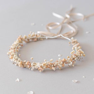 Flower crown with baby&#39;s breath and dried flowers. Bridal flower hair wreath, fairy crown, wedding headband, meadow headpiece in blush pink