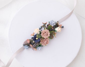 Dusty rose and blue wrist corsage with roses and dried baby's breath. Flower girl floral bracelet, bridesmaids and mother of the bride gift