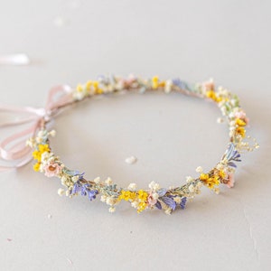 Flower crown with dried flowers and lavender. Bridal flower hair wreath with baby&#39;s breath, fairy crown, wedding headband, meadow headpiece