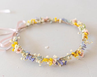 Flower crown with dried flowers and lavender. Bridal flower hair wreath with baby's breath, fairy crown, wedding headband, meadow headpiece