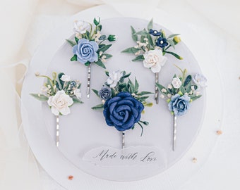 Épingles à cheveux de mariée en bleu marine et ivoire, casque de mariage, épingles à cheveux florales, épingles à cheveux avec fleurs, gypsophile séchée, feuilles d'eucalyptus