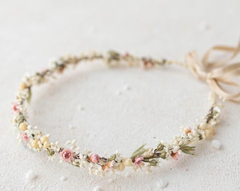 Romantic flower crown with baby's breath and dried flowers. Bridal flower hair wreath,  fairy crown, wedding headband, meadow headpiece