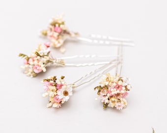 Horquillas de novia con paniculata seca y flores preservadas. Tocado de boda, horquillas florales en tonos pastel de rosa palo y crema.